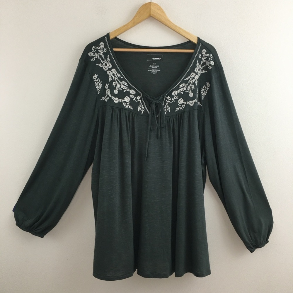 Sonoma | Gray Embroidered Relaxed Tunic Top with Tie Front